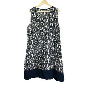 FLAX Banded Simplicity Midnight Print Floral Navy Blue White Dress Linen